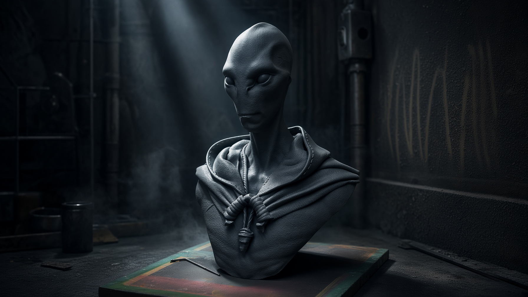 Busto de Adapak ao lado do estudo de concept art